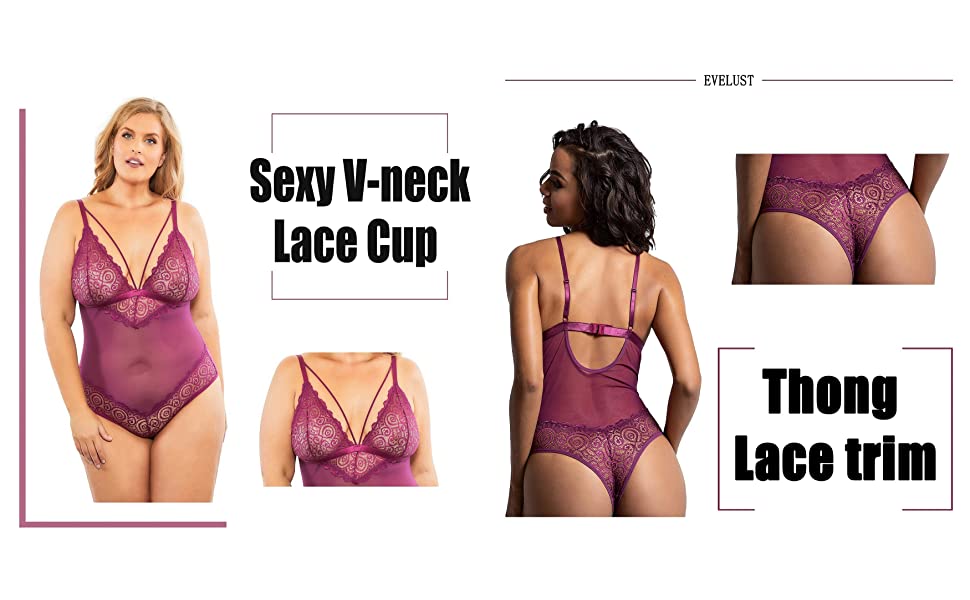 Sexy V-neck & Lace Cup & Thong & Lace trim