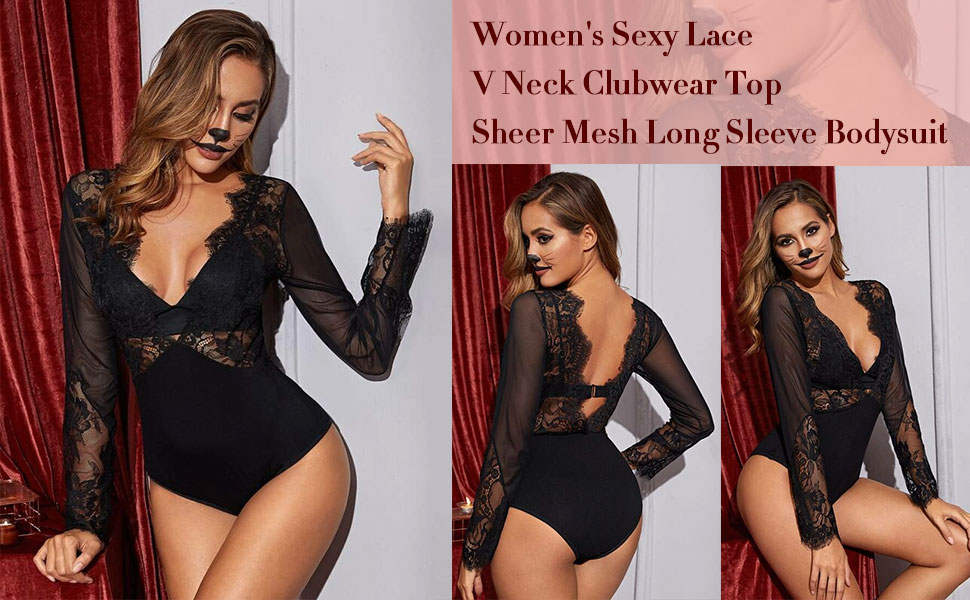 Women's Sexy Lace V Neck Clubwear Top Sheer Mesh Long Sleeve Bodysuit