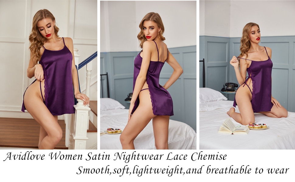 Women Nightwear Satin Lingerie Lace Nightgown