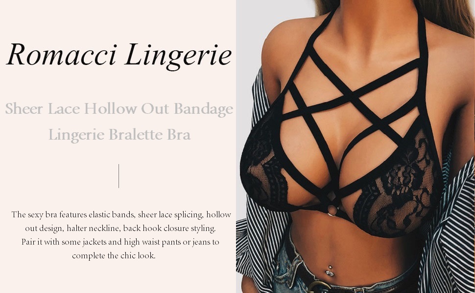 Women Sheer Lace Lingerie Bra Hollow Out Bandage Halter Neck Backless Bras Buster Crop Top Bralette