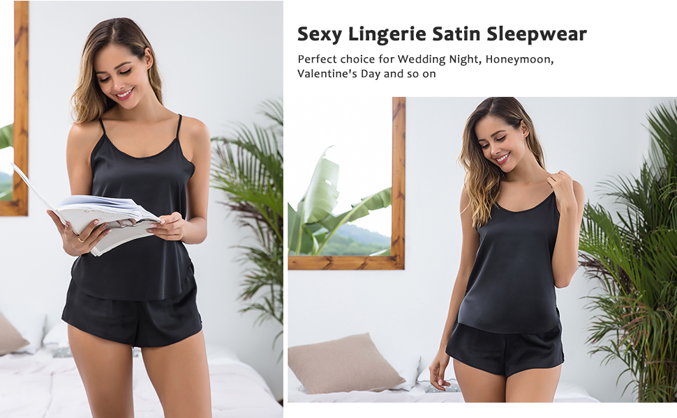 Ekouaer Satin Pajamas Set Silk Sleepwear Cami Nightwear Gift Lingerie PJ Set