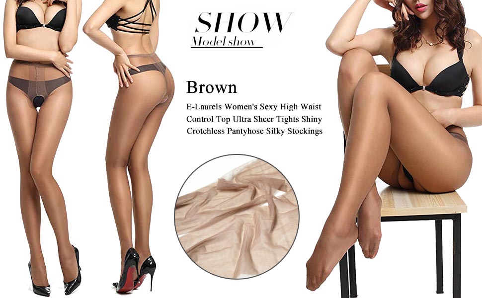 Women's Sexy High Waist Control Top Ultra Sheer Tights Shiny Crotchless Pantyhose Silky Stockings